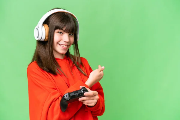 Little Caucasian Girl Playing Video Game Controller Isolated Background Pointing — Stock Photo, Image