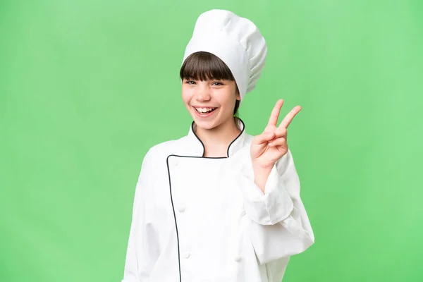 Pequeña Chica Chef Caucásica Sobre Fondo Aislado Sonriendo Mostrando Signo — Foto de Stock