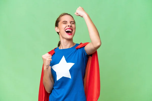 Young Caucasian Woman Isolated Background Superhero Costume Celebrating Victory — Stock Photo, Image