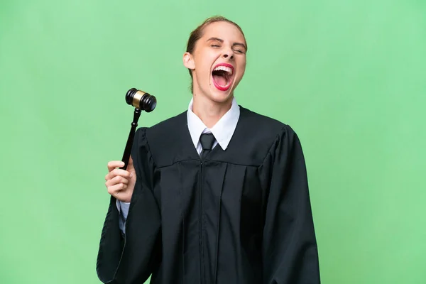 Soudce Běloška Žena Přes Izolované Pozadí Smích — Stock fotografie