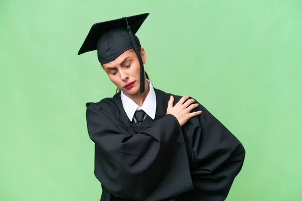 Jovem Universitária Pós Graduação Mulher Caucasiana Sobre Fundo Isolado Sofrendo — Fotografia de Stock