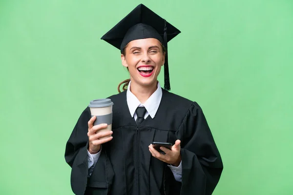Young University Graduate Caucasian Woman Isolated Background Holding Coffee Take — Stockfoto