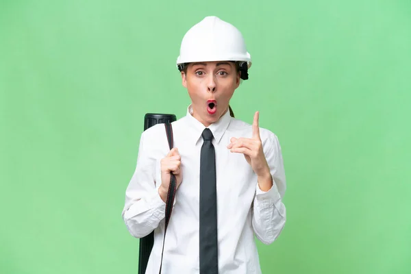 Young Architect Woman Helmet Holding Blueprints Isolated Background Intending Realizes —  Fotos de Stock