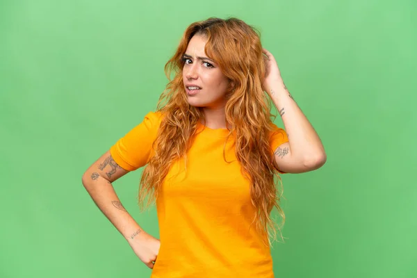Young Caucasian Woman Isolated Green Screen Chroma Key Background Having — Stock Photo, Image