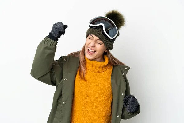 Sciatore Donna Caucasica Con Occhiali Snowboard Isolato Sfondo Bianco Che — Foto Stock