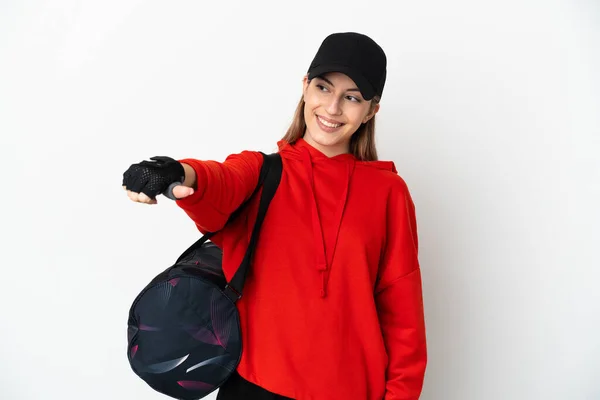 Young Sport Woman Sport Bag Isolated White Background Giving Thumbs — Stock Photo, Image