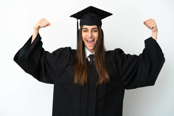 Graduação Universitária Jovem Isolado Fundo Branco Fazendo Gesto Forte — Fotografia de Stock