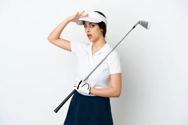 Beau Jeune Golfeur Joueur Femme Isolé Sur Fond Blanc Faire — Photo
