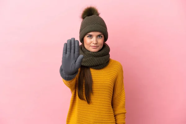 Young Caucasian Girl Winter Hat Isolated Pink Background Making Stop — Stock Photo, Image