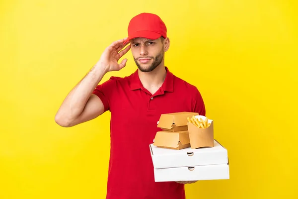 Pizza Delivery Man Picking Pizza Boxes Burgers Isolated Background Having — Fotografia de Stock