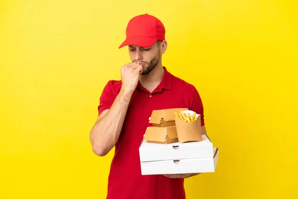 Pizza Delivery Man Picking Pizza Boxes Burgers Isolated Background Having — Fotografia de Stock