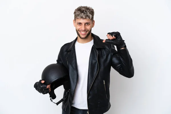 Young Man Motorcycle Helmet Isolated White Background Proud Self Satisfied — Φωτογραφία Αρχείου