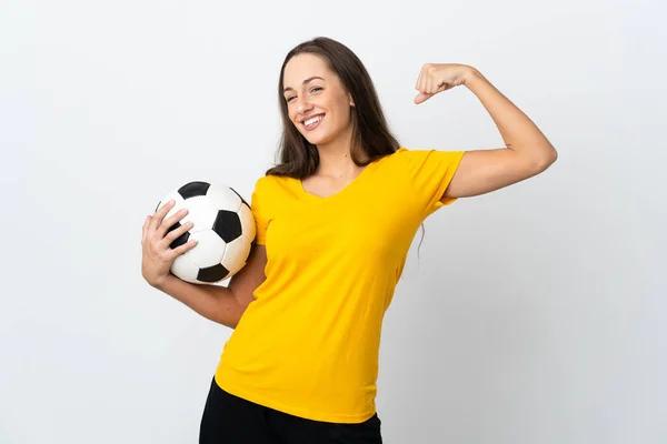 Jeune Footballeuse Femme Sur Fond Blanc Isolé Faisant Geste Fort — Photo