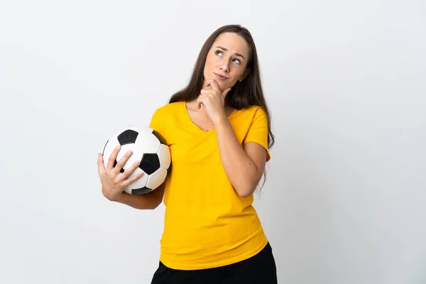 Jeune Joueur Football Femme Sur Fond Blanc Isolé Ayant Des — Photo