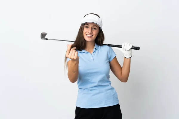 Jeune Golfeuse Femme Sur Fond Blanc Isolé Faisant Geste Argent — Photo