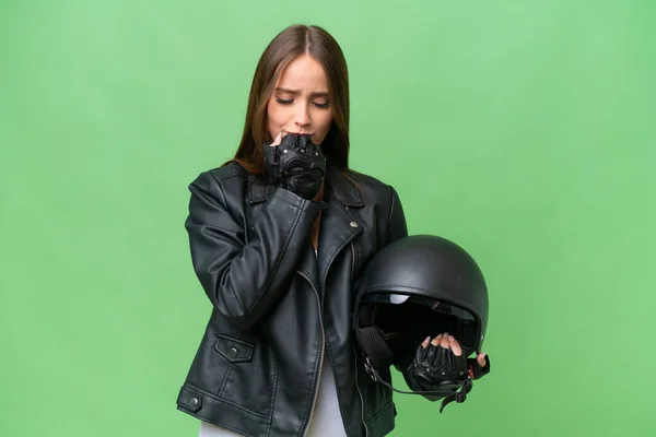Young Pretty Caucasian Woman Motorcycle Helmet Isolated Background Having Doubts —  Fotos de Stock