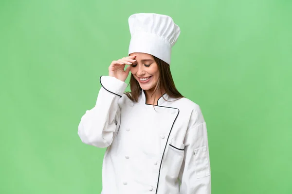 Giovane Chef Donna Caucasica Sfondo Isolato Ridere — Foto Stock