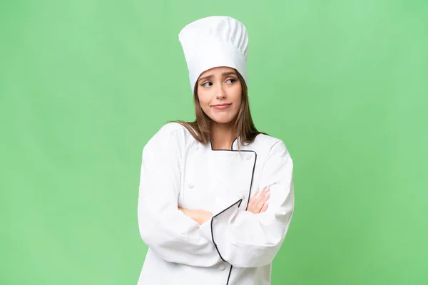 Giovane Chef Donna Caucasica Sfondo Isolato Facendo Dubbi Gesto Mentre — Foto Stock