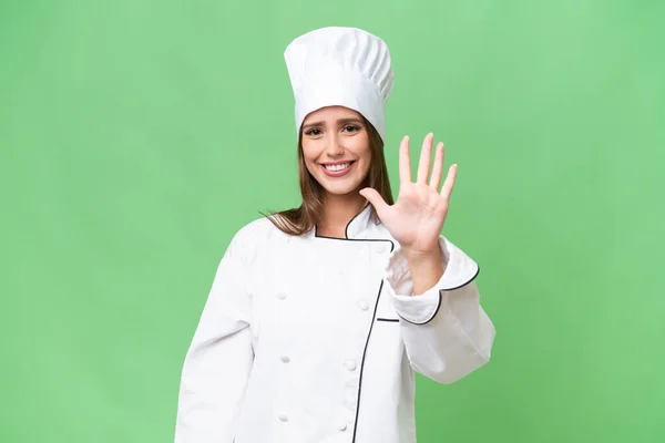 Mladý Kuchař Běloška Žena Přes Izolované Pozadí Počítání Pět Prsty — Stock fotografie