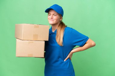 Delivery caucasian woman over isolated background suffering from backache for having made an effort clipart