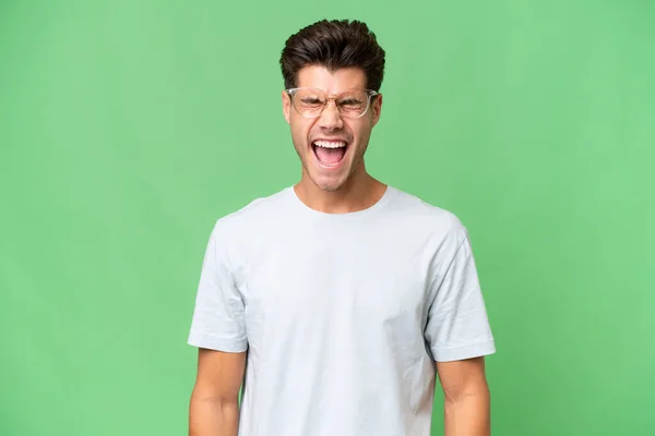 Young Caucasian Handsome Man Isolated Background Shouting Front Mouth Wide — Stock Photo, Image