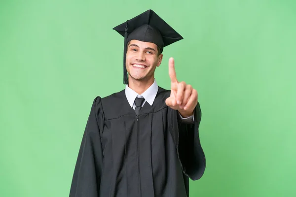 Jovem Universidade Pós Graduação Caucasiano Homem Sobre Isolado Fundo Mostrando — Fotografia de Stock