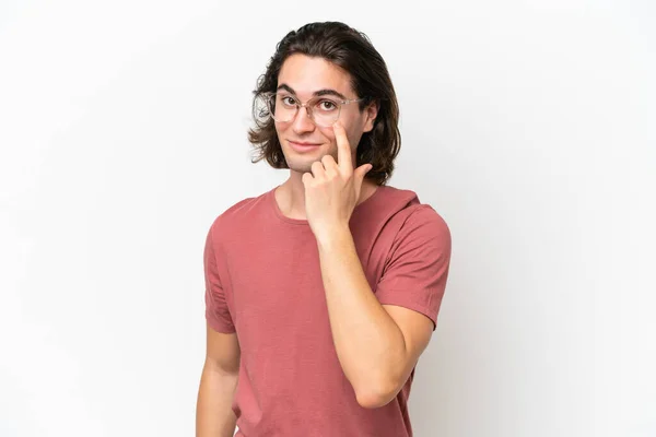 Young Handsome Man Isolated White Background Showing Something — Stock Photo, Image