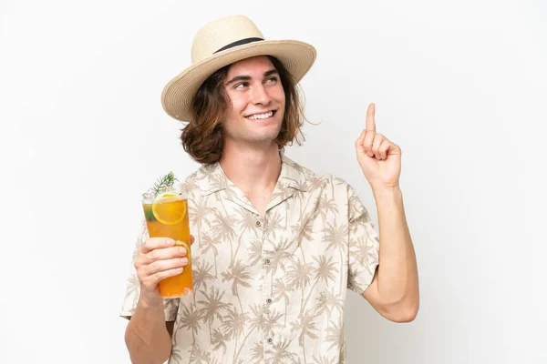 Young Handsome Man Holding Cocktail Isolated White Background Pointing Great — Stock Photo, Image