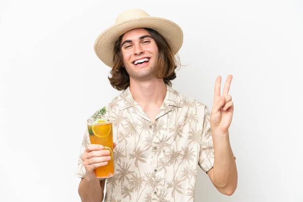 Young Handsome Man Holding Cocktail Isolated White Background Smiling Showing — Stock Photo, Image