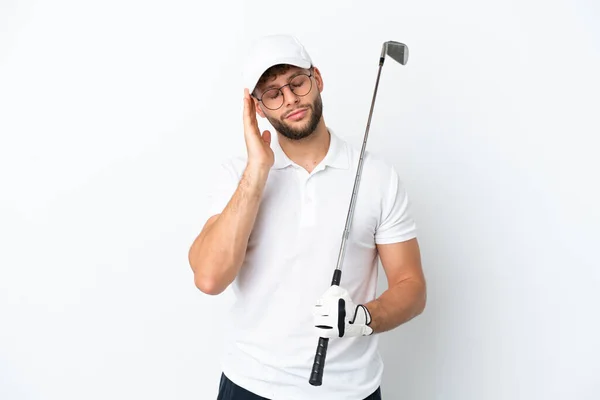 Guapo Joven Jugando Golf Aislado Sobre Fondo Blanco Con Dolor —  Fotos de Stock