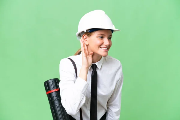 Young Architect Caucasian Woman Helmet Holding Blueprints Isolated Background Listening — Stock Photo, Image