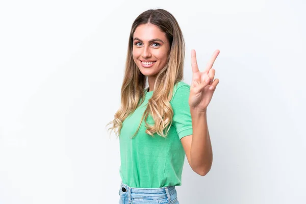 Mujer Uruguaya Joven Aislada Sobre Fondo Blanco Sonriendo Mostrando Signo — Foto de Stock
