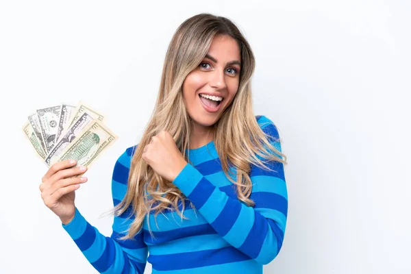 Νεαρή Ουρουγουανή Γυναίκα Παίρνει Πολλά Χρήματα Απομονωμένη Λευκό Φόντο Γιορτάζοντας — Φωτογραφία Αρχείου