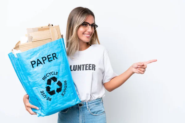 Young Pretty Uruguayan Woman Holding Recycling Bag Full Paper Recycle — Stock Photo, Image