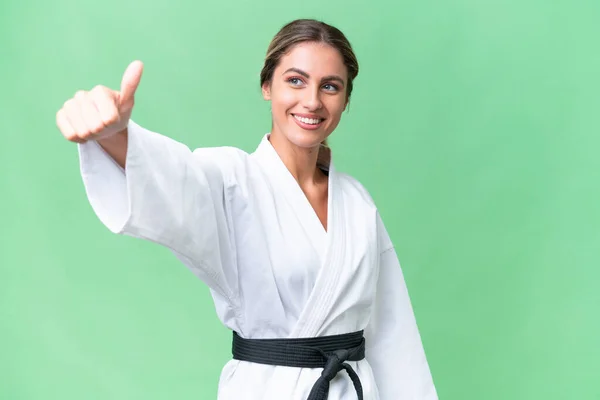 Joven Uruguaya Haciendo Karate Sobre Fondo Aislado Dando Gesto Pulgares — Foto de Stock