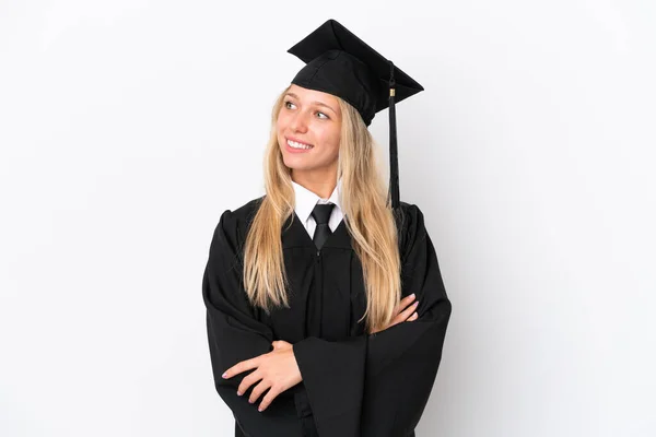 Νεαρή Απόφοιτος Πανεπιστημίου Καυκάσια Γυναίκα Απομονωμένη Λευκό Φόντο Αναζητούν Πλευρά — Φωτογραφία Αρχείου