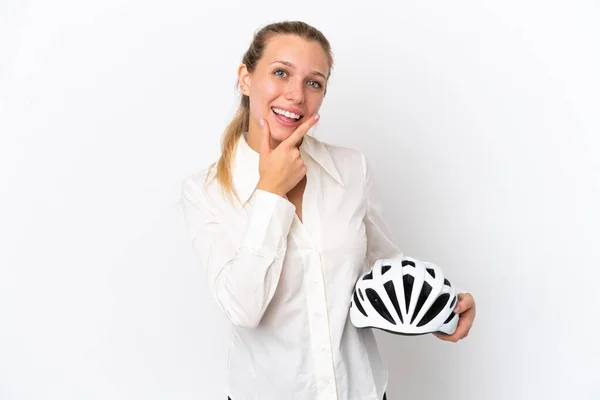 Zakelijk Blanke Vrouw Met Een Fiets Helm Geïsoleerd Witte Achtergrond — Stockfoto