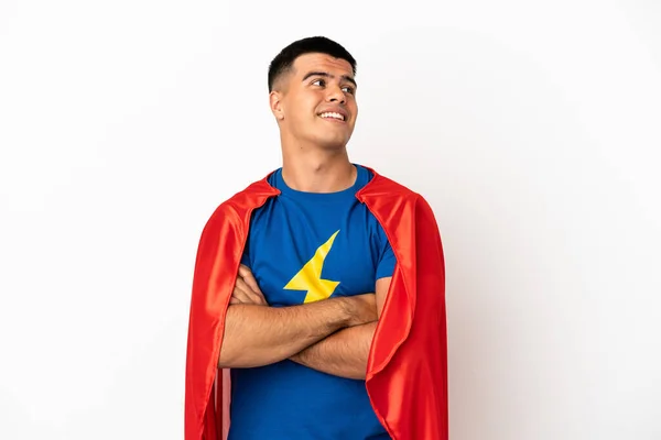 Super Hero Geïsoleerde Witte Achtergrond Zoek Naar Boven Terwijl Glimlachen — Stockfoto