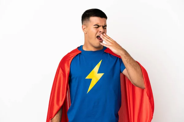 Супергерой Изолированном Белом Фоне Зевает Закрывает Широко Раскрытый Рот Рукой — стоковое фото