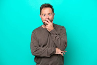 Mavi arka planda izole edilmiş orta yaşlı beyaz adam sağa bakarken şaşırdı ve şok oldu.