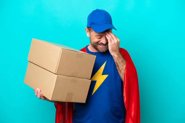 Super Hero Delivery Man Isolated Blue Background Laughing — 스톡 사진