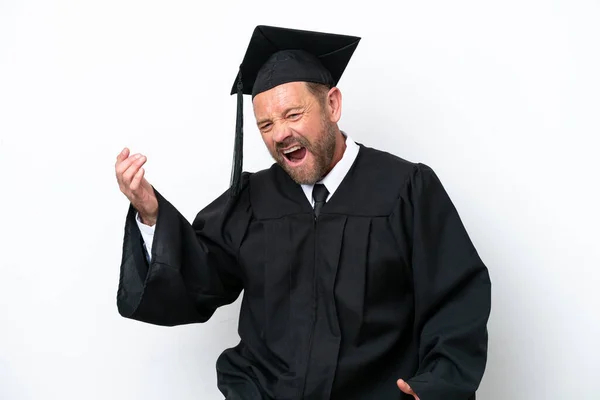 Μεσήλικας Απόφοιτος Πανεπιστημίου Άνθρωπος Απομονωμένος Λευκό Φόντο Κάνοντας Χειρονομία Κιθάρα — Φωτογραφία Αρχείου