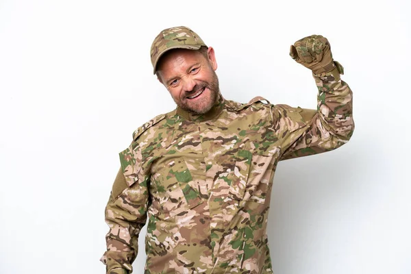 stock image Military man isolated on white background doing strong gesture