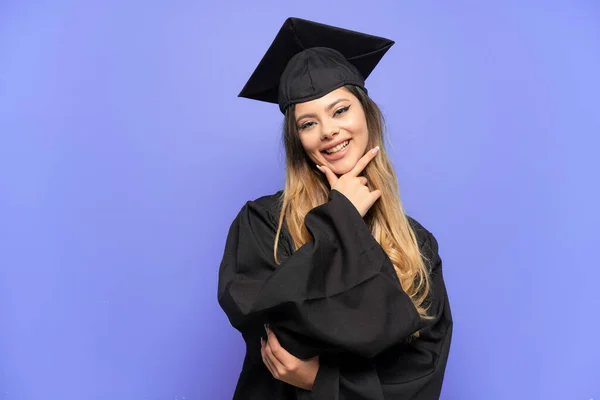 Fiatal Egyetemi Diplomás Orosz Lány Elszigetelt Fehér Háttér Boldog Mosolygós — Stock Fotó