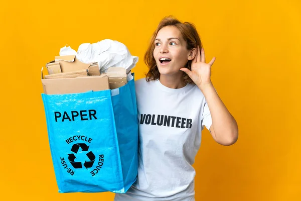 Young Georgian Girl Holding Recycling Bag Full Paper Recycle Listening — Stock Photo, Image