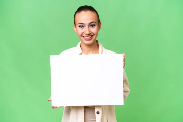 Young Arab Woman Isolated Background Holding Empty Placard Happy Expression — Stock Photo, Image
