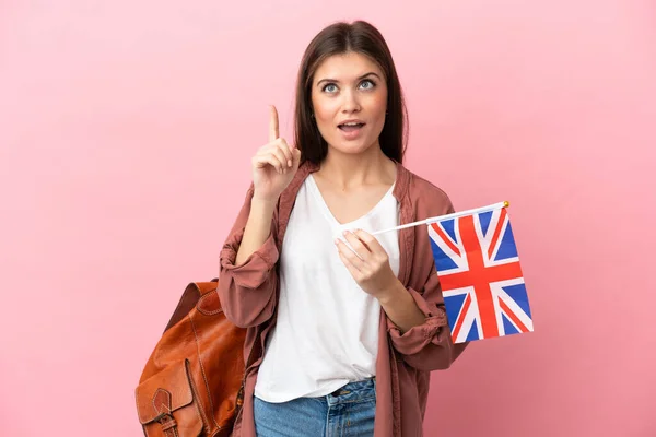 Young Caucasian Woman Holding United Kingdom Flag Isolated Pink Background — ストック写真