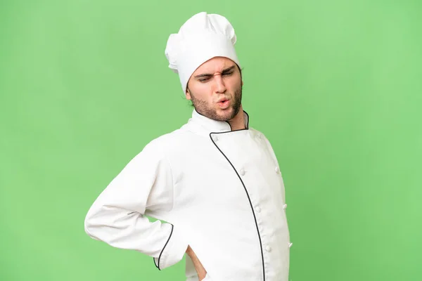 Jonge Knappe Chef Kok Man Geïsoleerde Achtergrond Lijden Aan Rugpijn — Stockfoto