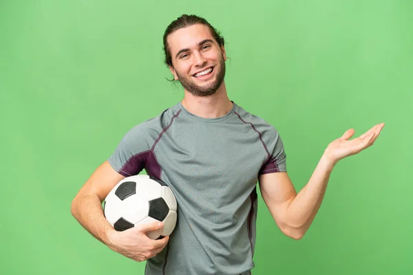 Jonge Knappe Football Speler Man Geïsoleerde Achtergrond Reiken Handen Naar — Stockfoto