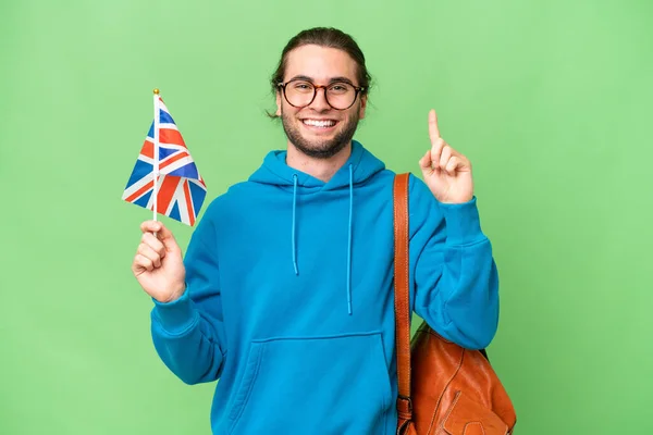 Young Handsome Man Holding United Kingdom Flag Isolated Background Pointing — Stock Photo, Image